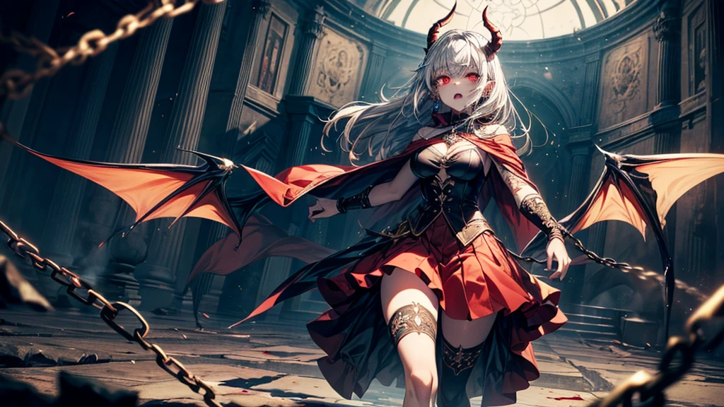 gorgeous, masterpiece, best quality, landscape, highres,4k, wallpaper, trace lights,, intricate, detailed, fighting with hero, break kingdom, constellations, stardust, cosmos, rpg, lord of the rings, Antagonist, stunning battle, Masterpiece, Best Quality, High Quality,(gold and red eyes and surrounded by gold light), (gold dragon eye ), (Darkness:1.2), Abstraction, Award-winning photography, Depth of field, HDR, Very detailed, Trending in art stations, Trending in CG society, Complex, High detail,(Masterpiece:1.2, Best Quality), (Best Lighting, Very Delicate and Beautiful), (Best Lighting, Very Delicate and Beautiful), (Beautiful Detailed Face), (Detailed Eyes and Detailed Face:1.2), Dark Fantasy, (Young Girl, Beast,very Angry face, dragon hands,dragon scale, Pale Skin,19 Piercings,((no tattoos)) ,destroy ,gray hair, glowing red eyes, dynamic Angle, Vampire, (Chains in Background,Get Magic Circle,Get Demon Summoned), (Demon from Magic Circle)Magic Thunder, pointy_ears, Fangs,Demon Wings,Demon Horns,Blood Rain,Blood Mist,(Depth of Field),High Contrast,(Splash of Blood:1.2),Cowboy Shot,Full Body,Scream,Epic Stage, showing thighs, no stocking, red skirt, NO earrings, fluttering red cape like fire, medium hair, surrounded by evil creatures , broken stone walls, broken wood house, broken palace
