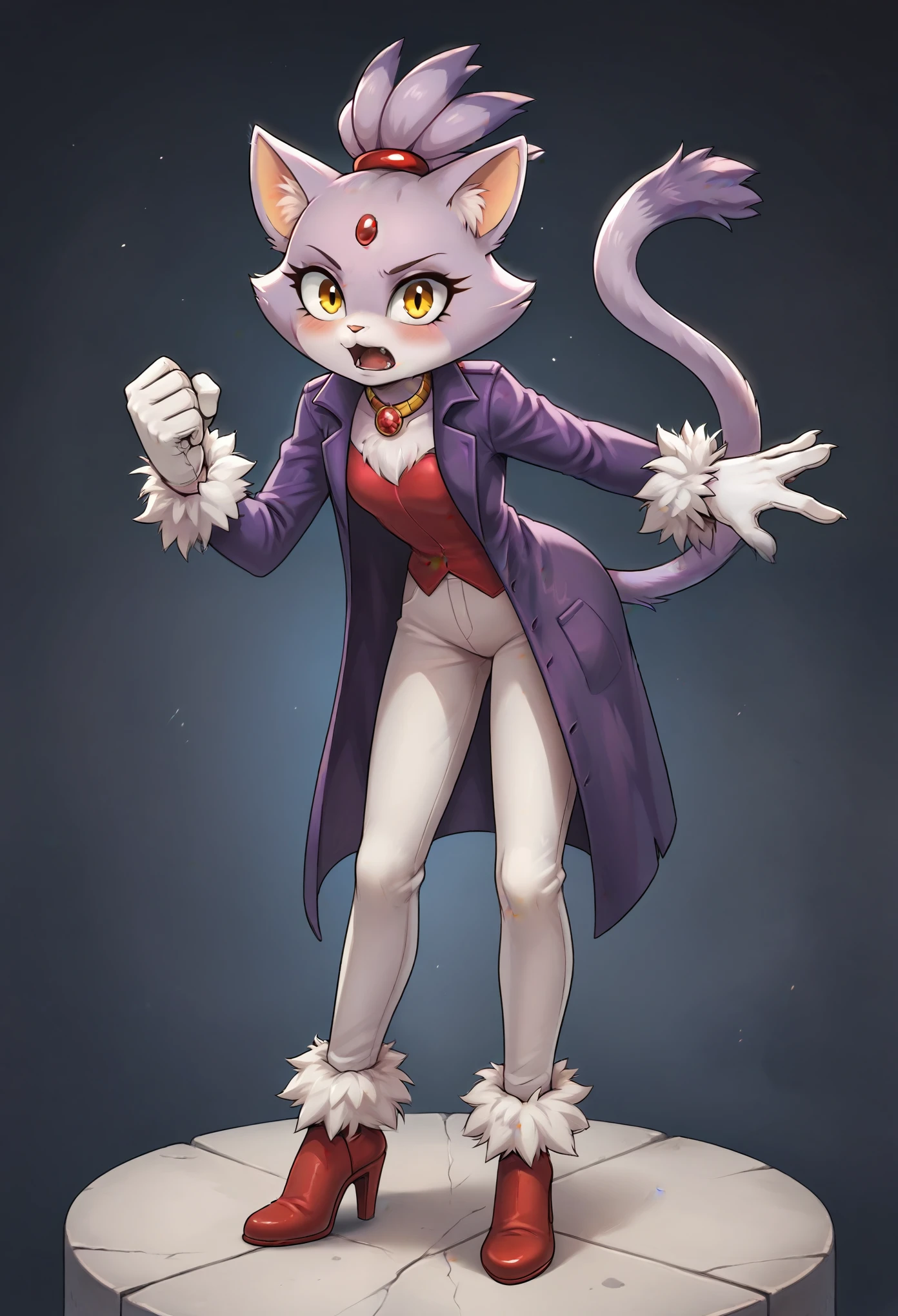 Blaze the cat, mouth open, 1girl, gloves, forehead_jewel, fur-trimmed_gloves, furry_female, solo, furry, animal_ears, simple_background, yellow_eyes, fur_trim, topknot, tail, high_heels, cat_girl, white_gloves, cat_ears, cat_tail, standing, full_body, flat_chest, purple_hair, fur-trimmed_footwear, black_background, multicolored_hair, arms_at_sides, white_pants, hair_tie, purple_coat, clenched_hands, looking_at_viewer, two-tone_hair, body_fur, pants, animal_nose, shoes, short_hair, coat, shiny, gem, red_footwear, long_sleeves, blush, leaning_foward, bent_over