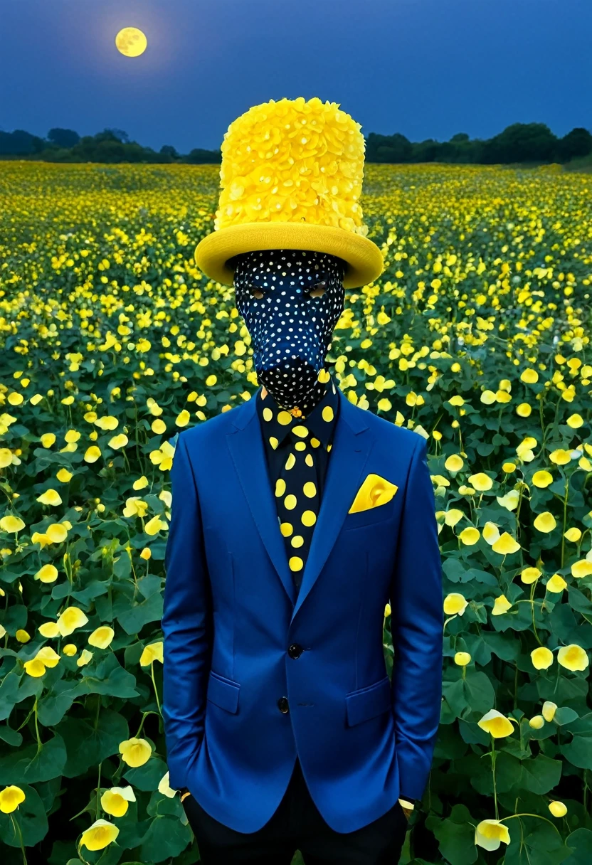 A captivating portrait of a fantastical creature with distinct yellow and black spots covering its entire body. Dressed in a modern, stylish outfit, the creature is posing amidst a vibrant field of moonflowers. A bright yellow hat adorns its head, adding a touch of whimsy and charm to the scene. The background is a blend of twilight and midnight blue, creating a dreamy, otherworldly atmosphere.