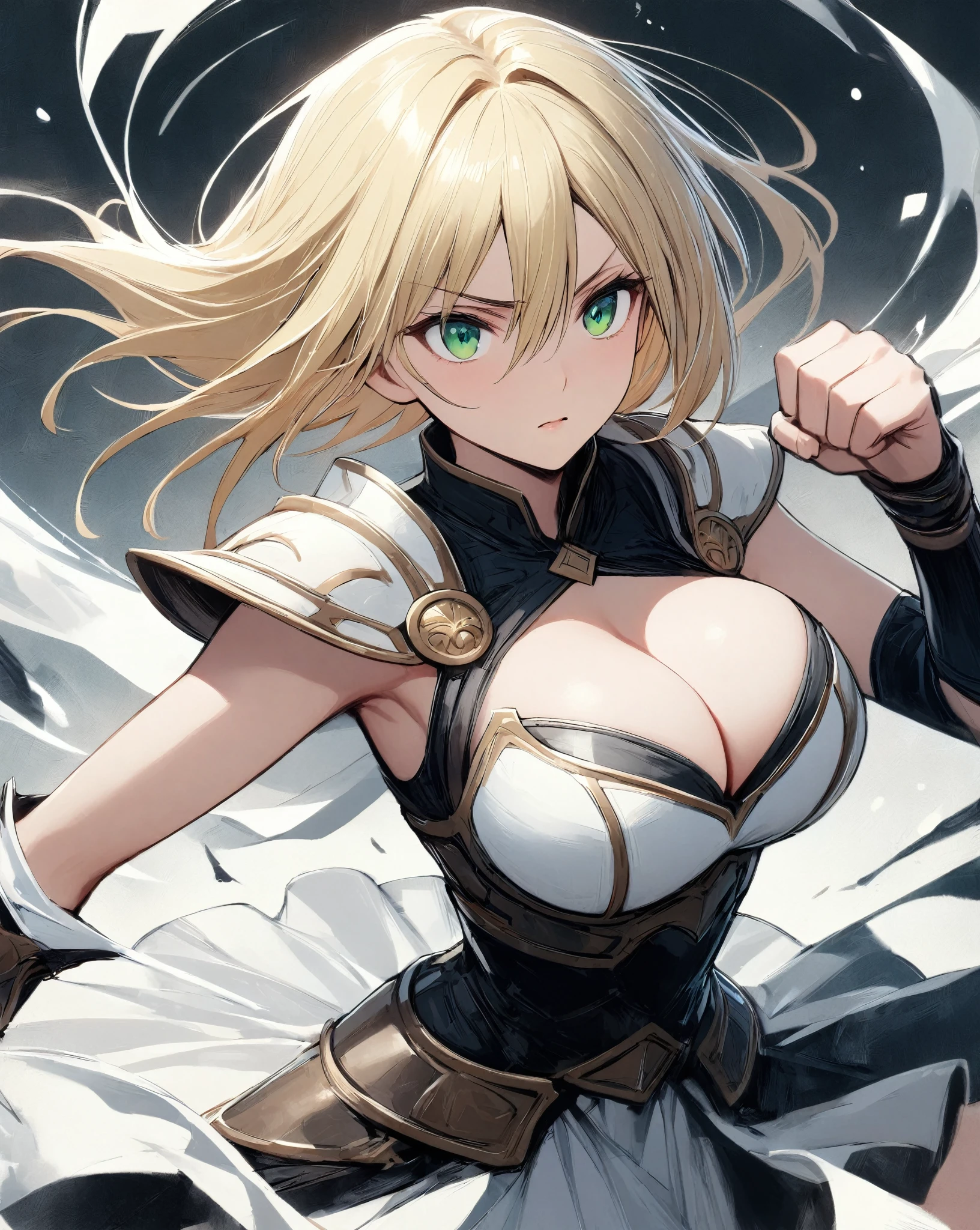 masterpiece, Best quality, 1girl, breast, Solitary, Short shoulder-length hair, Cleavage, Blonde pick-dye hair, Delicate green eyes, Bangs, jewelry, skirt, Bare shoulders, sleeveless, Hair between the eyes, 单Scapula, looking at the audience, Fighting Stance, large breast, armor, shoulder armor, sleeveless skirt, Upper Body, single sleeve, white skirt, Scapula, An expression of contempt