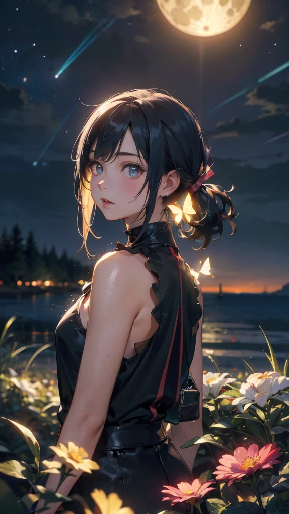 a 20 yo woman、Black blue Hair、poneyTail、(hi-top fade:1.3)、dark themed、Muted Tones、Subdued Color、highly contrast、(natural skin textures、Hyper-Realism、Soft light、sharp)、full moon night, starry sky, shooting stars, a girl standing on a sea of colorful flowers, looking up the sky, turn back to viewers, butterfly, fireflies, (girl focus:0.7) BREAK,Detailed,Realistic,4k highly detailed digital art,octane render, bioluminescent, BREAK 8K resolution concept art, realism,by Mappa studios,masterpiece,best quality,official art,illustration,ligne claire,(cool_color),perfect composition,absurdres, fantasy,focused, rule of thirds