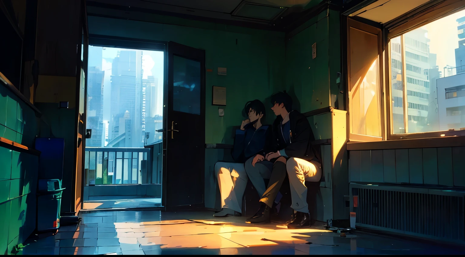 (best quality,ultra-detailed,realistic:1.37), The persons is standing by the window,with wide angle lens, The persons is standing by the window,, with horizontal screen, widen in front, The room was bare, with no furniture or luggage, and the balcony had a balcony with silhouettes of buildings in the Shinjuku subcenter in the distance, and the afternoon sun was shining in through the windows. Two young men are smoking cigarettes and one is hugging the other from behind , humor,comic style,bold lines, modern gay romance, comic style,bold lines,playful colors,vibrant colors, soft lighting, depth of emotions, tender gazes, longing for connection, raw and honest, LGBTQ+ representation, urban setting, authentic expressions, compelling storytelling, dramatic composition,