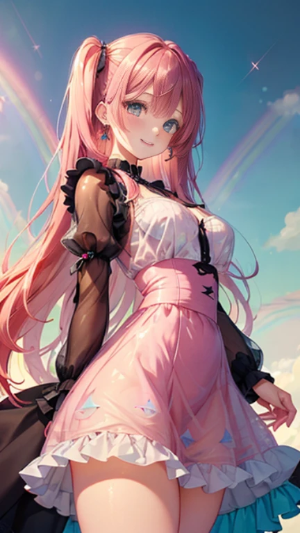 小さなgirl、Glasses、petal、Thick thighs、Big Ass、 (alone:1.5,)Very detailed,Bright colors, Very beautiful detailed anime faces and eyes, Look straight ahead, Shiny_skin,girl,(((long hair、Rainbow Hair, Colorful Hair, Half red、half blue hair: 1.2))) 、Forehead is exposed.、Shiny hair, Delicate beautiful face, blush、(Turquoise Eyes), White skin, Valletta, Earrings,、blue flower field、(((See-through、Pink frilled dress with star pattern、、Black long skirt)))、Twin tails、smile、smile、Face dyed red、Strong winds