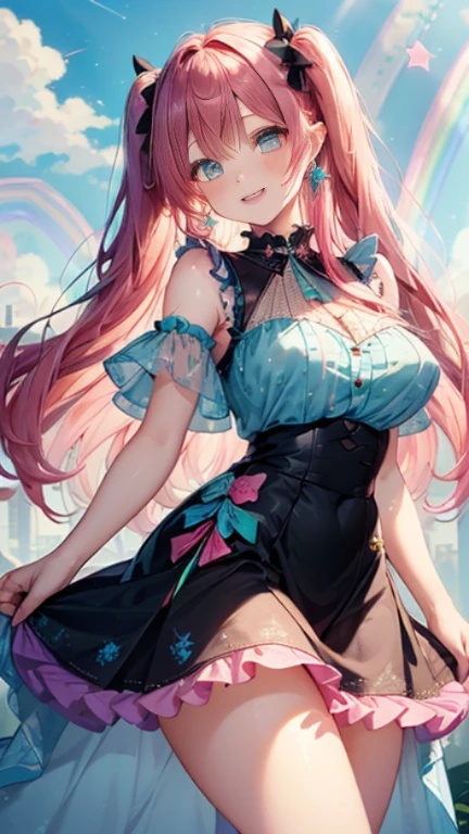 小さなgirl、Glasses、petal、Thick thighs、Big Ass、 (alone:1.5,)Very detailed,Bright colors, Very beautiful detailed anime faces and eyes, Look straight ahead, Shiny_skin,girl,(((long hair、Rainbow Hair, Colorful Hair, Half red、Half pink hair: 1.2))) 、Forehead is exposed.、Shiny hair, Delicate beautiful face, blush、(Turquoise Eyes), White skin, Valletta, Earrings,、blue flower field、(((See-through、Pink frilled dress with star pattern、、Black long skirt)))、Twin tails、smile、smile、Face dyed red