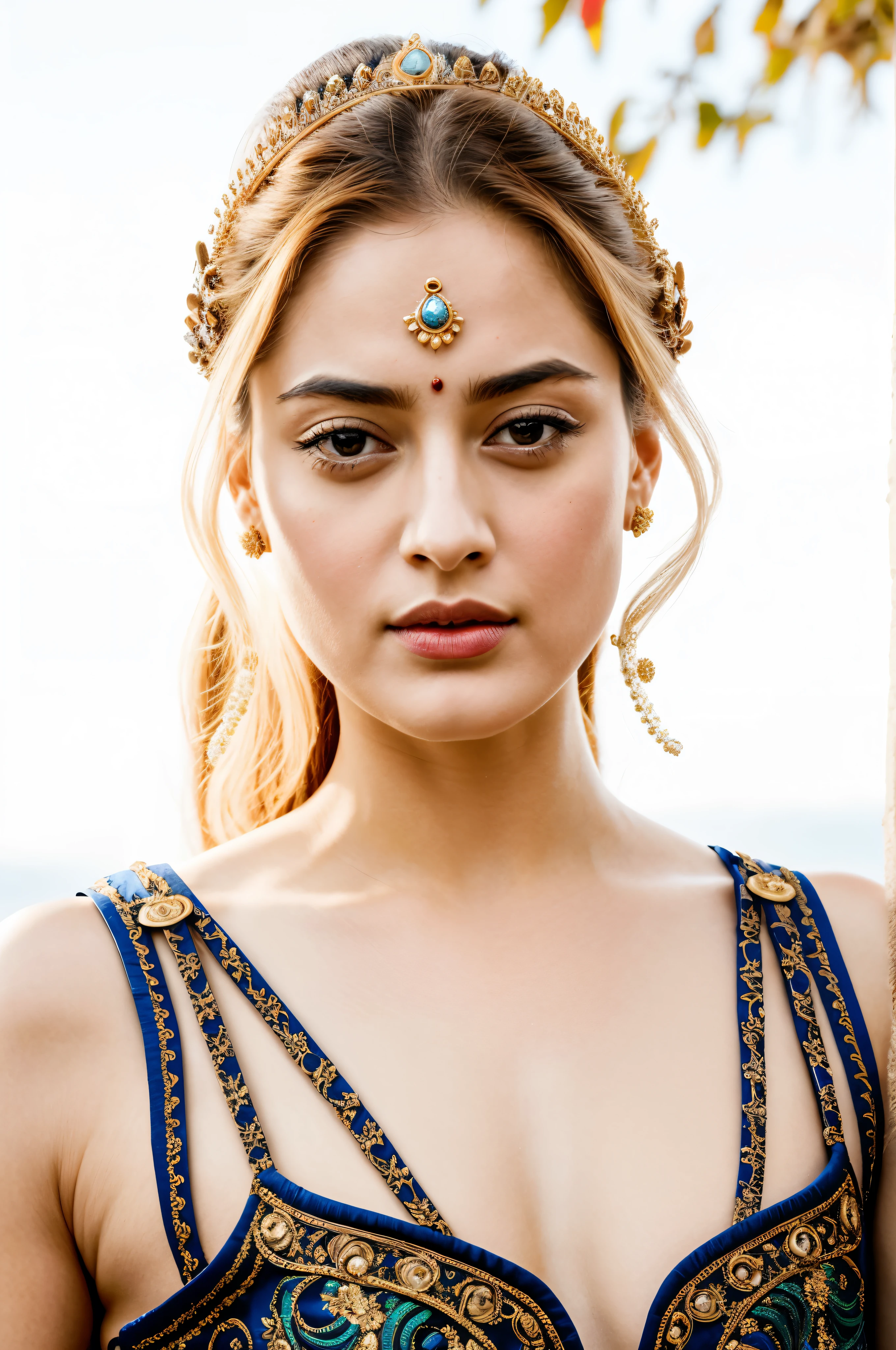 Looks like Sandeepa Dhar, "Design an illustration of a stunning and powerful warrior queen with a regal presence. She should possess a combination of strength and grace. Imagine her in ornate, yet practical armor that complements her figure. The armor should be adorned with intricate details and symbols representing her royal lineage and warrior prowess. Her weapon of choice could be a unique and elegant sword or a mythical weapon that reflects her status as a formidable leader.
Her facial features should exude confidence and determination, with piercing eyes that convey both fierceness and wisdom. The queen's hair, whether long or short, should flow dynamically, hinting at her movement in battle. Consider incorporating elements that emphasize her connection to nature or a mythical realm, such as ethereal backgrounds, symbolic animals, or mystical symbols.
Pay attention to the color palette; use rich, bold colors that enhance her royal aura. Experiment with lighting to highlight specific details and create a sense of drama. Ensure that her posture and expression capture the essence of a queen who commands respect and admiration. Feel free to draw inspiration from historical warrior queens or fictional characters, blending elements to create a unique and captivating image."