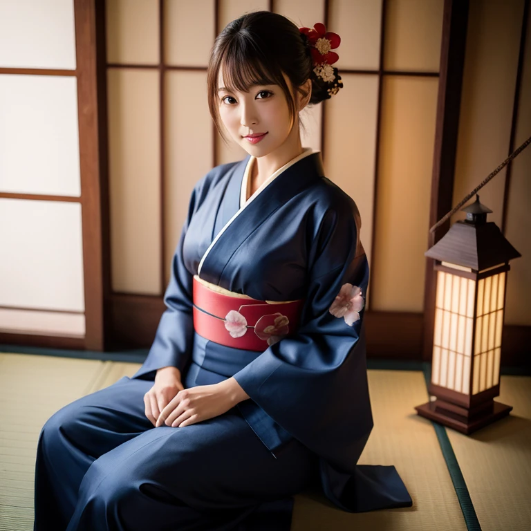 Realistic photos, A cute Japanese girl、Japanese luxury(Navy blue kimono:1.2)Wearing、Sitting modestly facing outward, Beautiful floral patterned kimono, When you enter the elegant room、In the center of a large space The beautiful woman wearing a high-quality crimson kimono sash captures her entire body in a very attractive and realistic way., She realized、Smiling seductively at me, The moment when you are captivated by her cute and sexy blushing face, effect// ((full body shot,) Hinomaru composition:1.5,) ((Raise your gaze:1.0,)) Chiaroscuro, (The soft light of the lantern), Soft light and shadow, Aerial perspective, quality// (((最高quality, 16k, Raw photo,)))