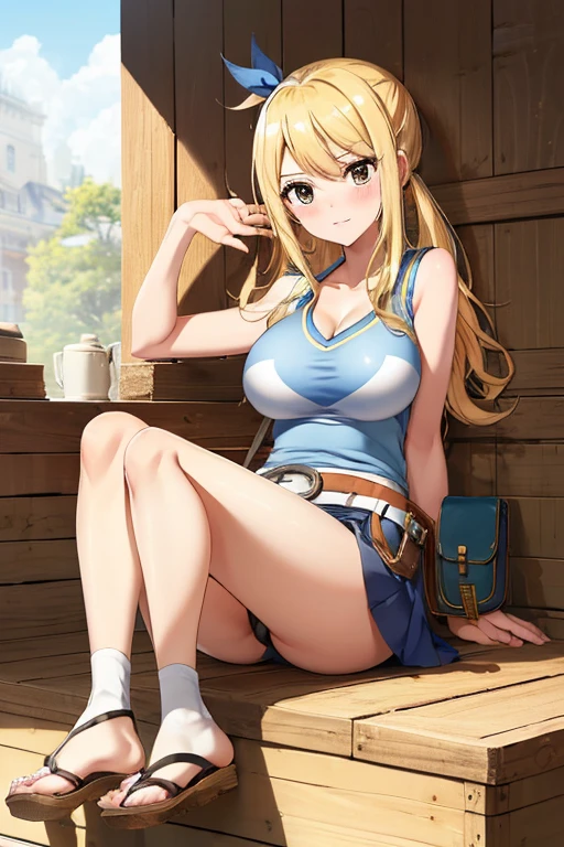 (masterpiece, best quality:1.2), solo, 1girl, lucy heartfilia, blushing, looking at viewer, hand on breast, blue sleeveless shirt, miniskirt, belt pouch, Sandals, ((sitting 1.3)),white panty