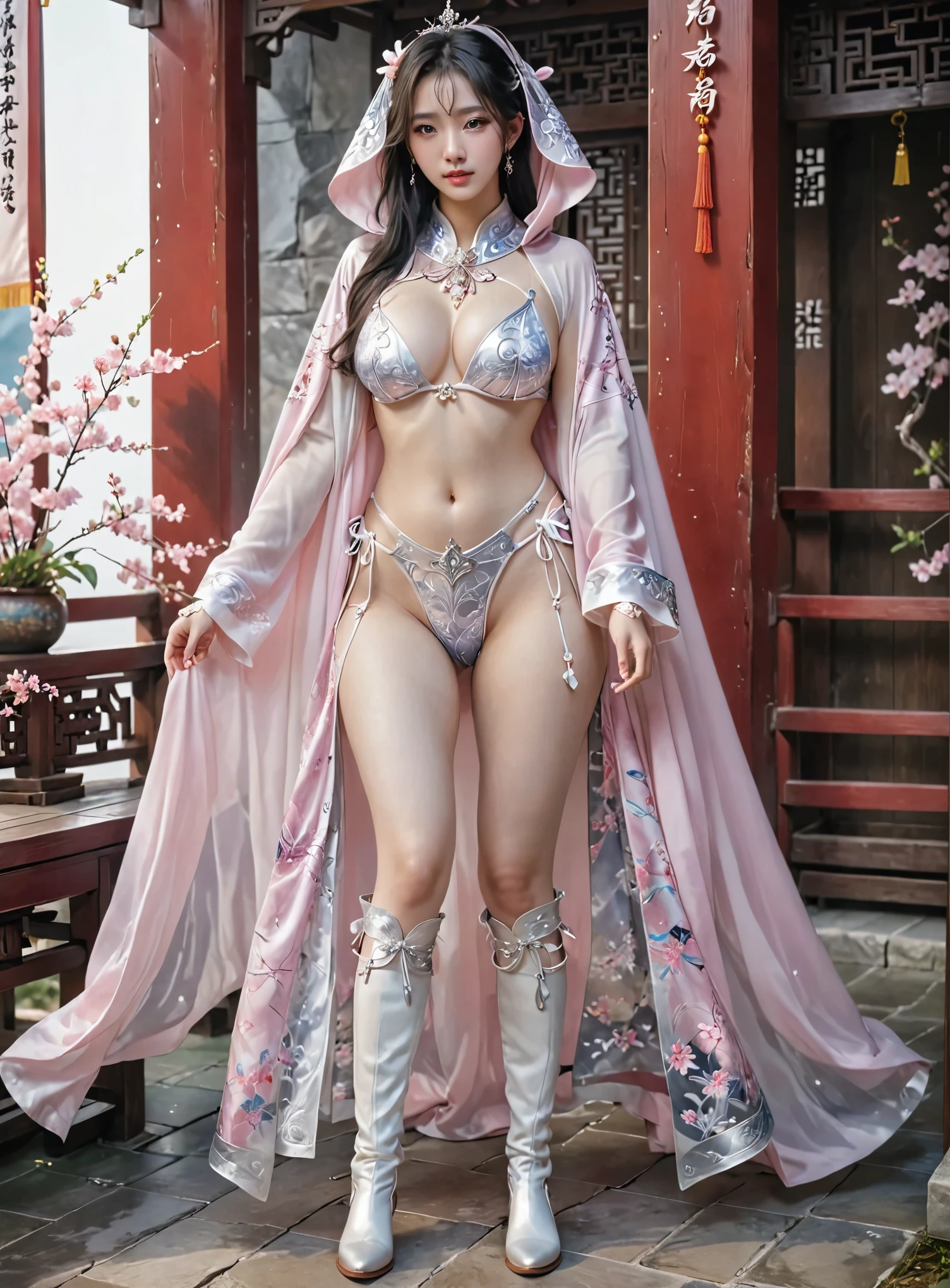 A girl who looks very shy, Shy face, full body xianxia, Sexy pink white bikini lingerie,high-cut underwear,high cut underwear,Pink white panties,Chinese Hanfu,Long-legged girl,Put on your boots,White boots,Huge breasts,Put on your hat,fantasy服装, Put on a priest's cloak, Full body silver cloak, 穿着fantasy服装, Face the audience,Realistic 8000g,Impeccable,masterpiece,Professional artwork,Famous Artworks,Light,movie bloom,Perfect face,Pretty Face,fantasy,Dreamy and magical,not real,Intricate details,Beautiful Pattern