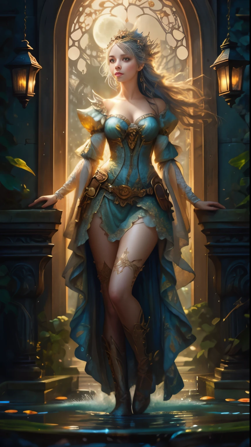 art by Ralph Horsley, beautiful Undine, digital art, Jean-Baptiste Monge style, bright, beautiful, splash, glittery, cute and adorable, filigree, edge lighting, lights, extremely, magical, surreal, fantasy, digital art, wlop, artgerm and james jean, lady in medieval garden, open window behind lady, garden with pond, at night, full moon, lamp and lantern