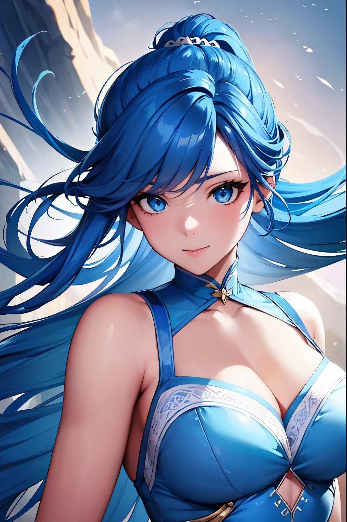 8k,Close-up of a woman in a blue and white dress,Blue Hair, so beautiful,(Like the real thing)blue eyes,ponytail,Pan Zhenwei Art Station、 Jean J..、 Detailed fantasy art、Amazing character art、 Fan Art Best Art Station、 Incredibly detailed character art、Highly detailed artwork、 Detailed digital animation art、 ArtStation Pixiv の Artgerm、 Girl dressed in blue and white,Dynamic Angle,Ultra-high resolution,Laughter,Like the real thing見える肌,Charm,sexy,Active,Dynamic action poses,Top-down view,