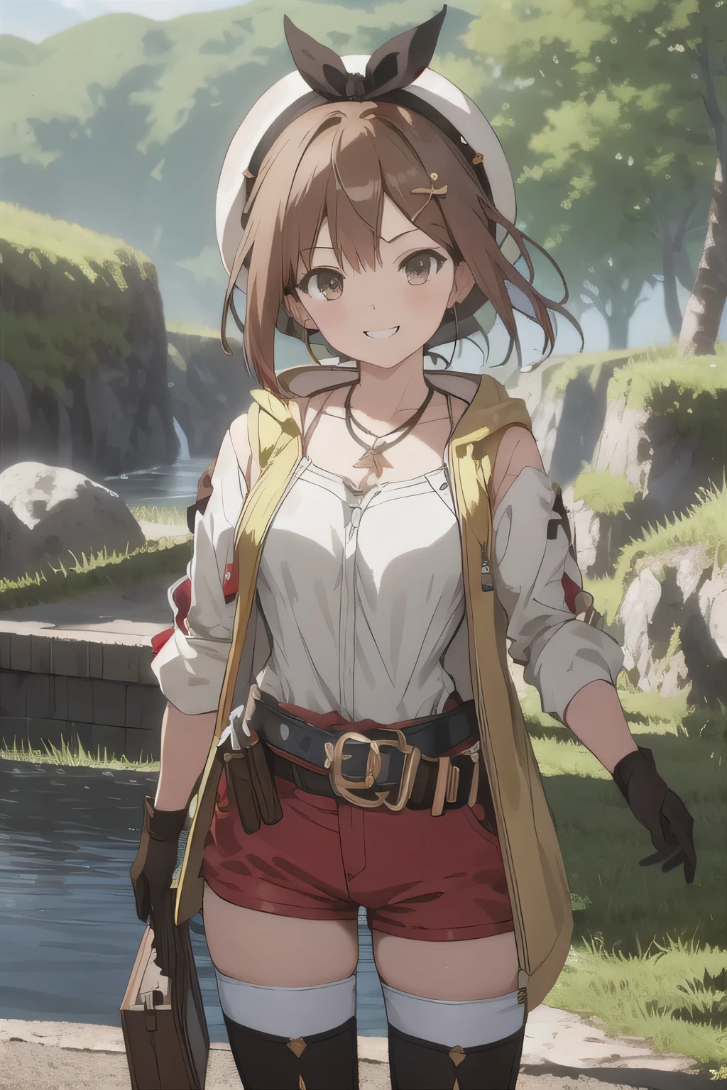 riza, brown hair, single glove, thighhighs, brown eyes, red shorts, jewelry, belt, hat, white headwear, necklace, yellow jacket, hair ornament, short hair, brown glove, shirt, standing, looking at viewer, smile, outdoors, nature, smile, dynamic angle, 1girl, (masterpiece:1.3), (high resolution), (8K), (extremely detailed), (4k), (pixiv), perfect face, nice eyes and face, (best quality), (super detailed), detailed face and eyes, (solo), textured skin, absurdres, highres