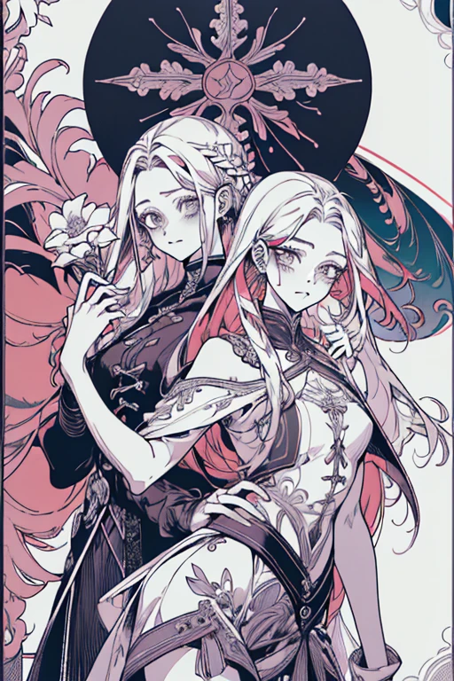 (style by NTY:1.1),Ultra-realistic 8k CG,masterpiece,best quality,style of Anne Bachelier,photorealistic,absurdres,yoshitaka amano character design,HDR,RAW photo,despair,Bokeh,raytracing,((Depth of field)),grief,detailed shadows,innocence,lustful,(highres),wind,(2girls:1.3),sun and moon motif,colorful background,black and red sun,moon in the background,panoramic view,Cinematic Lighting,intricate,highly detailed,black and red color scheme,foggy atmosphere,<lora:neg4all_bdsqlsz_V3.5:0.7>,<lora:add_detail:0.5>,((solar eclipse:1.1)),
AND 2girls,<lora:Iridescence:0.6>,hair covering eyes,red lips,(nsfw:1.2),infected face,long flowing black and red robe,white hair,pale skin,wings,flowers,(tattoo:1.1),butterfly accessory,thin and tall,standing,nude,((topless:1.1)),mysterious expression,wearing a black colorful robe,slender pale skinned body,religious vibes,butterflies fluttering,crow feathers,dark fairy tale,crow feather accessory,standing on a rocky cliff,AND 2girls,<lora:PsychoMode:0.6:lbw=DE>,black hair,long hair,pale skin,((nsfw:1.1)),nude,standing,(tattoo:1.2),(earrings:1.1),smoky eye makeup,(black perspective dress:1.3),featuring intricate floral patterns in vibrant colors,fancy see-through dress,vibrant colorful flowers,art of death and rebirth,dark eye makeup,intricate tattoos on arms and chest,bare shoulders,intricate lace dress with floral patterns,thorns,
