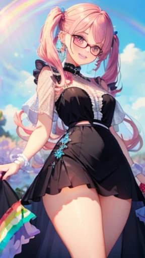 小さなgirl、Glasses、petal、Thick thighs、Big Ass、 (alone:1.5,)Very detailed,Bright colors, Very beautiful detailed anime faces and eyes, Look straight ahead, Shiny_skin,girl,(((long hair、Rainbow Hair, Colorful Hair, Half red、Half pink hair: 1.2)))  、Forehead is exposed.、Shiny hair, Delicate beautiful face, blush、(Turquoise Eyes), White skin, Valletta, Earrings,、blue flower field、(((See-through、Pink frilled dress with star pattern、、Black long skirt)))、Twin tails、smile、smile、Face dyed red