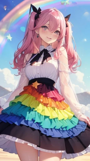 小さなgirl、Glasses、petal、Thick thighs、Big Ass、 (alone:1.5,)Very detailed,Bright colors, Very beautiful detailed anime faces and eyes, Look straight ahead, Shiny_skin,girl,(((long hair、Rainbow Hair, Colorful Hair, Half red、Half pink hair: 1.2))) 、Forehead is exposed.、Shiny hair, Delicate beautiful face, blush、(Turquoise Eyes), White skin, Valletta, Earrings,、blue flower field、(((See-through、Pink frilled dress with star pattern、、Black long skirt)))、Twin tails、smile、smile、Face dyed red
