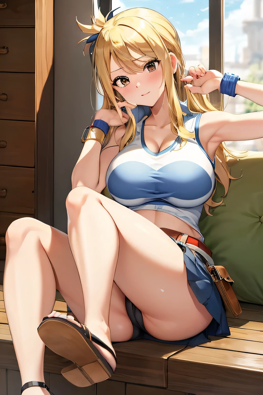 (masterpiece, best quality:1.2), solo, 1girl, lucy heartfilia, blushing, looking at viewer, hand on breast, blue sleeveless shirt, miniskirt, belt pouch, Sandals, ((sitting 1.3)),white panty