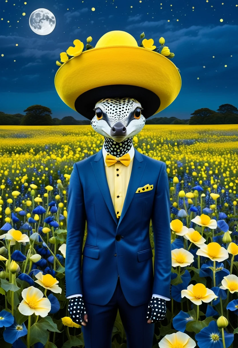 A captivating portrait of a fantastical creature with distinct yellow and black spots covering its entire body. Dressed in a modern, stylish outfit, the creature is posing amidst a vibrant field of moonflowers. A bright yellow hat adorns its head, adding a touch of whimsy and charm to the scene. The background is a blend of twilight and midnight blue, creating a dreamy, otherworldly atmosphere.