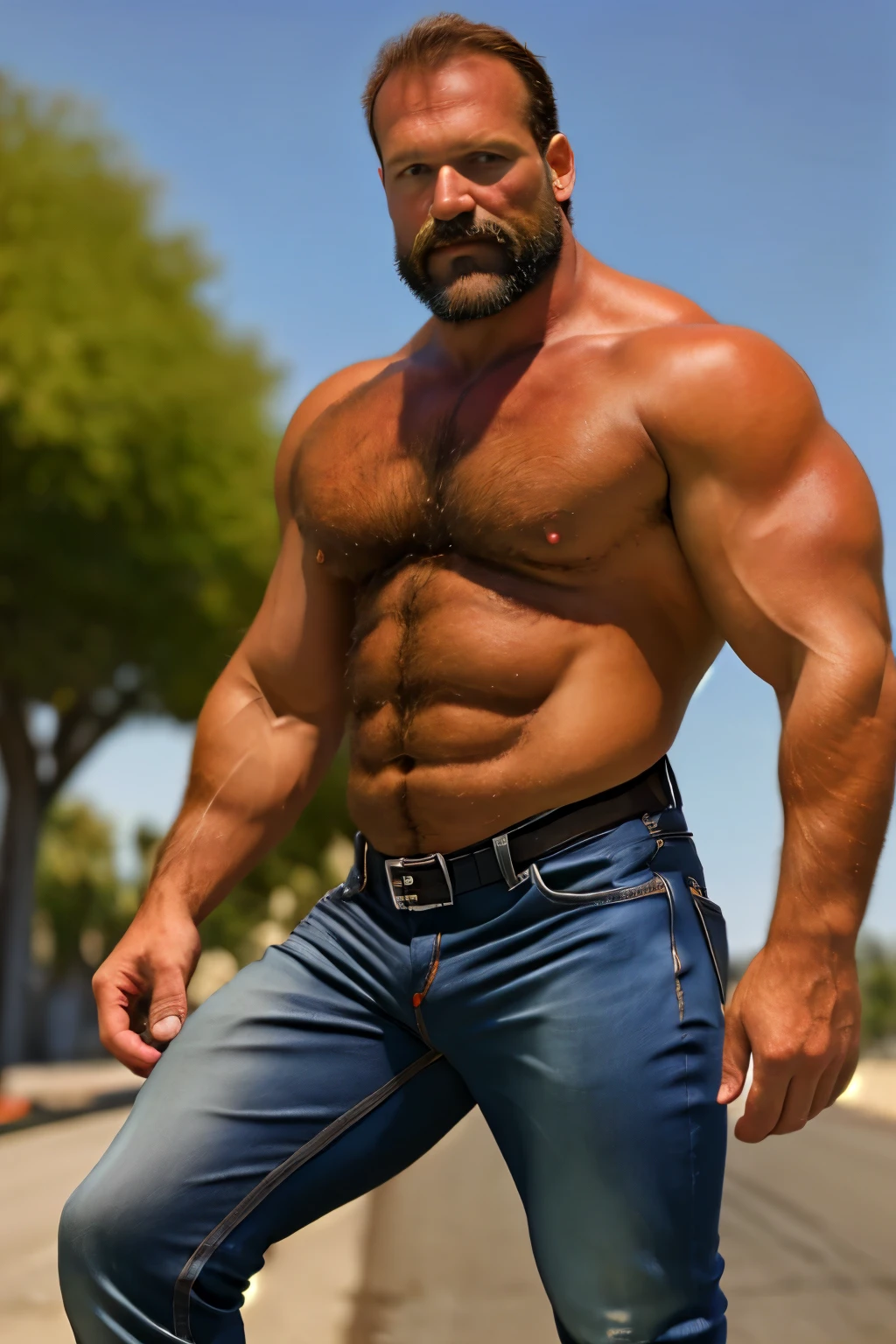 (ultra realistic, 32k, RAW photo:1.1), 8k uhd, dslr, high quality, film grain, (a hairy 40yo rocker biker man), california, standing on street, tight jeans, bulging crotch, thorn jeans, (front view), dynamic pose, wind, sun