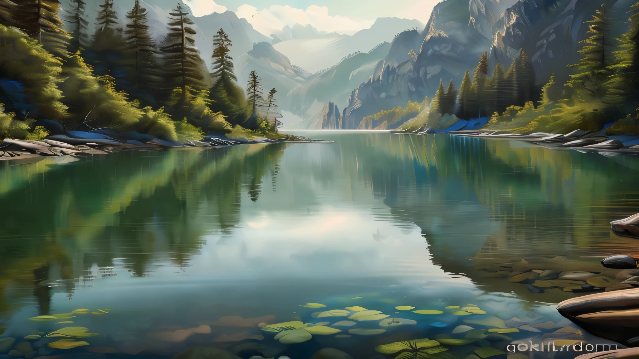 painting of a mountain lake with some trees and rocks, beautiful matte oil painting, 4k hd pintura digital fosca, paisagem fotorrealista, impressionante pintura digital, pintura fosca ultrarrealista, pintura detalhada 4k, digital painting with 8K resolution, digital painting with 8K resolution, pintura 4k altamente detalhada, linda pintura fosca, pintura digital fosca, pintura digital muito detalhada