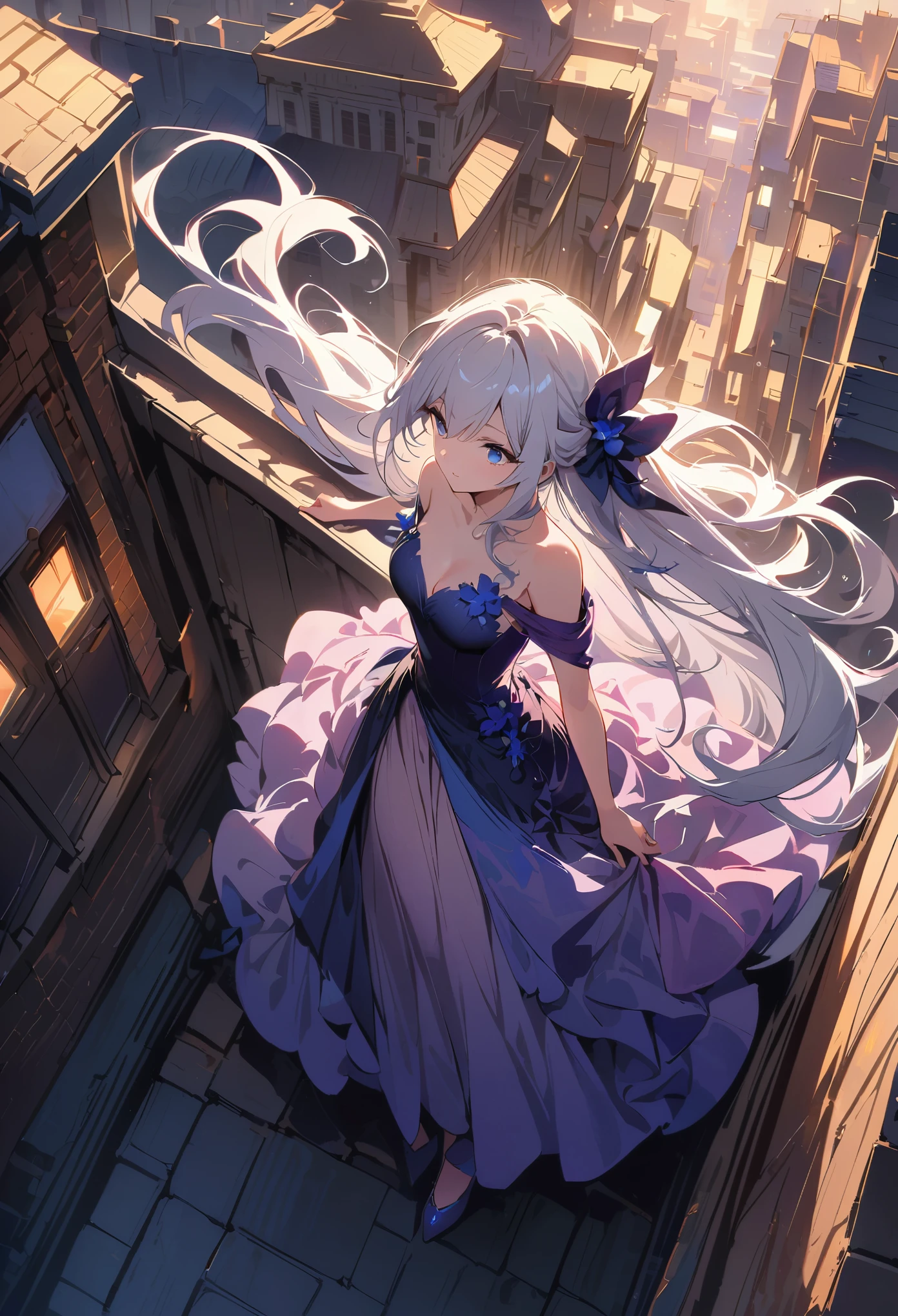 (CG 8k wallpapers are extremely detailed, masterpiece, best quality, Super detailed), (Better lighting, Better shadows, Extremely refined), floating, High Saturation, Looking down from above, 1 Girl, white hair, blue eyes, Very long hair, Hair accessories, Standing on the Rooftop, Gorgeous orchid evening dress, Delicate shoes, Hair swaying gently in the wind, Amazing city view in the background, romantic atmosphere.