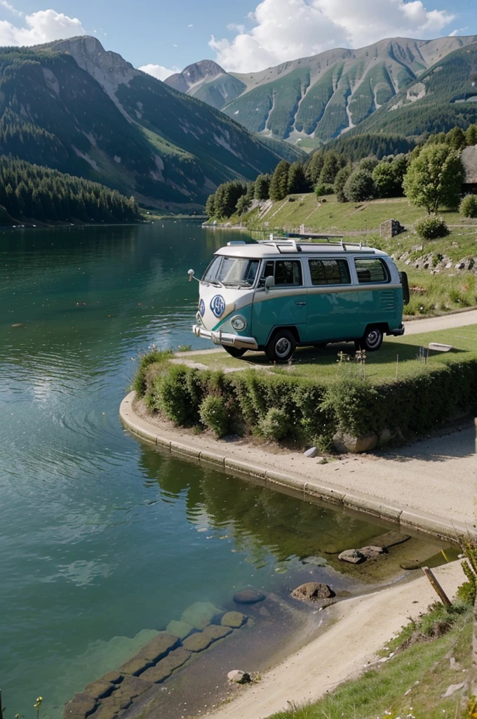 Ein VW Bulli Bus steht an einem See. Im Hintergrund sind Berge zu sehen. Die Sonne scheint. 