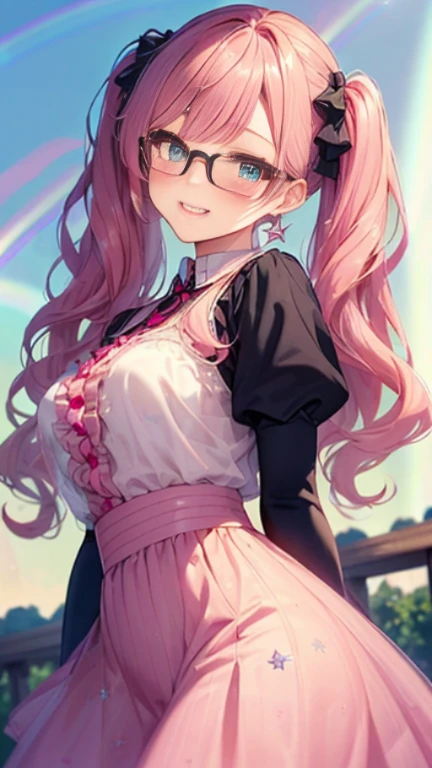 小さなgirl、Glasses、petal、Thick thighs、Big Ass、 (alone:1.5,)Very detailed,Bright colors, Very beautiful detailed anime faces and eyes, Look straight ahead, Shiny_skin,girl,(((long hair、Rainbow Hair, Colorful Hair, Half red、Half pink hair: 1.2))) 、Forehead is exposed.、Shiny hair, Delicate beautiful face, blush、(Turquoise Eyes), White skin, Valletta, Earrings,、blue flower field、(((See-through、Pink frilled dress with star pattern、、Black long skirt)))、Twin tails、smile、smile、Face dyed red