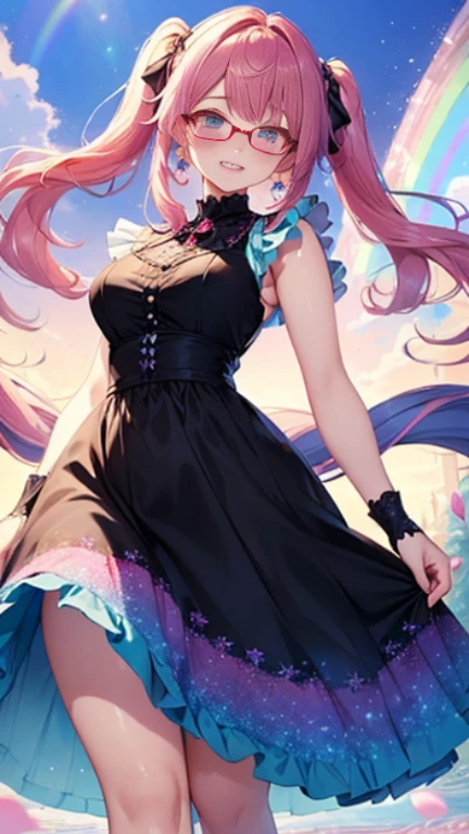 小さなgirl、Glasses、petal、Thick thighs、Big Ass、 (alone:1.5,)Very detailed,Bright colors, Very beautiful detailed anime faces and eyes, Look straight ahead, Shiny_skin,girl,(((long hair、Rainbow Hair, Colorful Hair, Half red、Half pink hair: 1.2)))  、Forehead is exposed.、Shiny hair, Delicate beautiful face, blush、(Turquoise Eyes), White skin, Valletta, Earrings,、blue flower field、(((See-through、Pink frilled dress with star pattern、、Black long skirt)))、Twin tails、smile、smile、Face dyed red