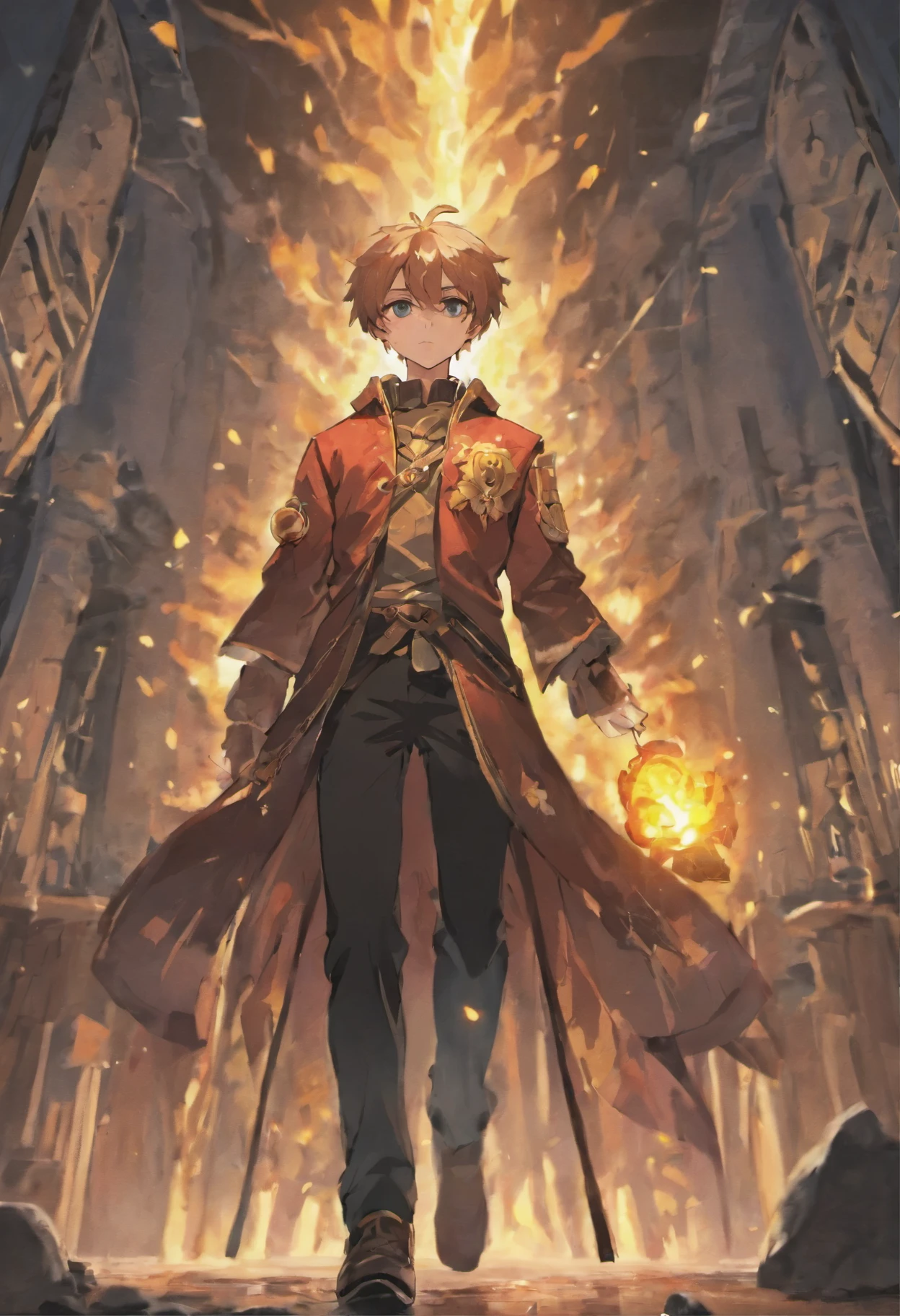 1man, young, thin, scholar, adventurer clothes, torch in hand