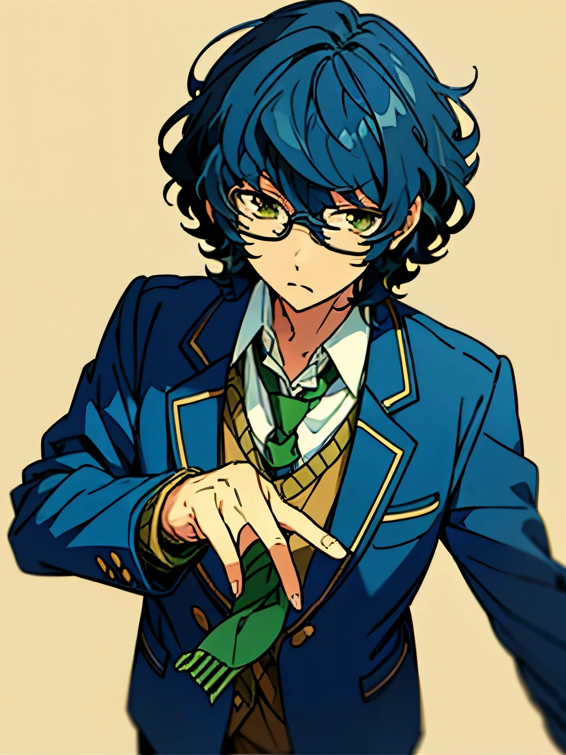 tsumugi aoba, solo, glasses, necktie, male_focus, 1boy, blue jacket, school_uniform, green neckwear, blazer, gold eyes, shirt, worried, :/, dark blue hair, bangs, long sleeves, wavy_hair, cowboy shot, simple, short hair, V,