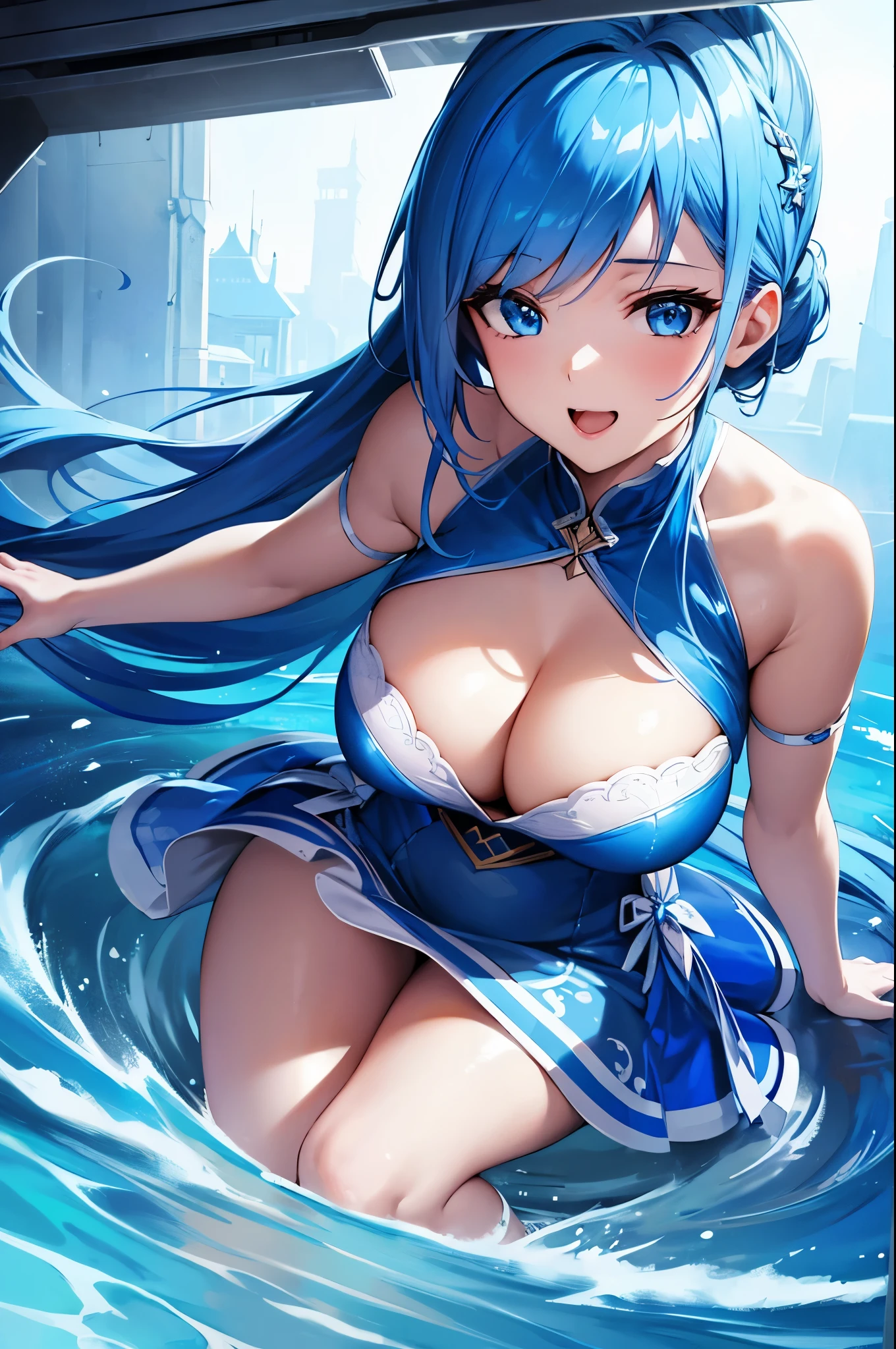 8k,Close-up of a woman in a blue and white dress,Blue Hair, so beautiful,(Like the real thing)blue eyes,ponytail,Pan Zhenwei Art Station、 Jean J..、 Detailed fantasy art、Amazing character art、 Fan Art Best Art Station、 Incredibly detailed character art、Highly detailed artwork、 Detailed digital animation art、 ArtStation Pixiv の Artgerm、 Girl dressed in blue and white,Dynamic Angle,Ultra-high resolution,Laughter,Like the real thing見える肌,Charm,sexy,Active,Dynamic action poses,Top-down view,