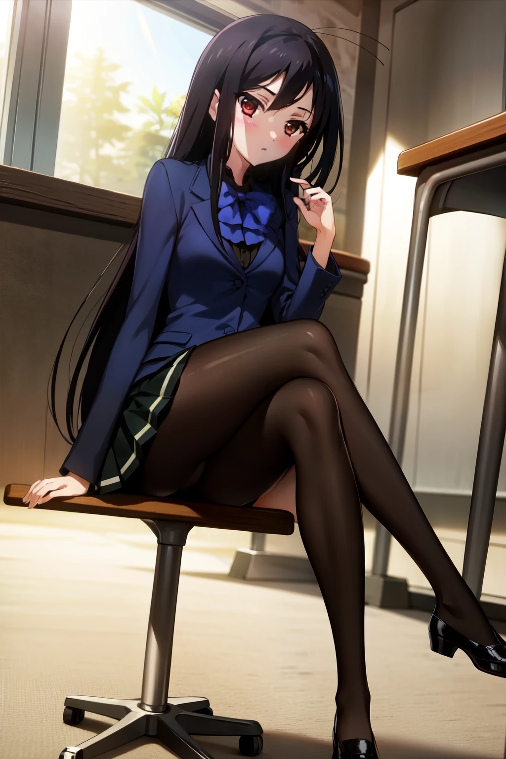 1girl, sorry expression, (extremely detailed, realistic, intricate details, highres), 3d, cg, blush, eyeliner, eyeshadow, eyelashes, (cinematic lighting, sunlight, volumetric), looking up, Shopping Mall background , perfect hands,  sitting, crossed legs,masterpiece, best quality, absurdres, Kuroyukihime antenna hair, red bow, , jacket pleated skirt, pantyhose, bag, nice hands, perfect hands, beaufitul hand, beautiful finger, BREAK School, classroom, school chair, school desk, sharp focus, (perfect anatomy),, [Cinematic lighting|Volumetric Lighting], looking at viewer,sitting on a desk with crossed legs,legs crossed,full body,tiptoe,perfect sexy legs,

