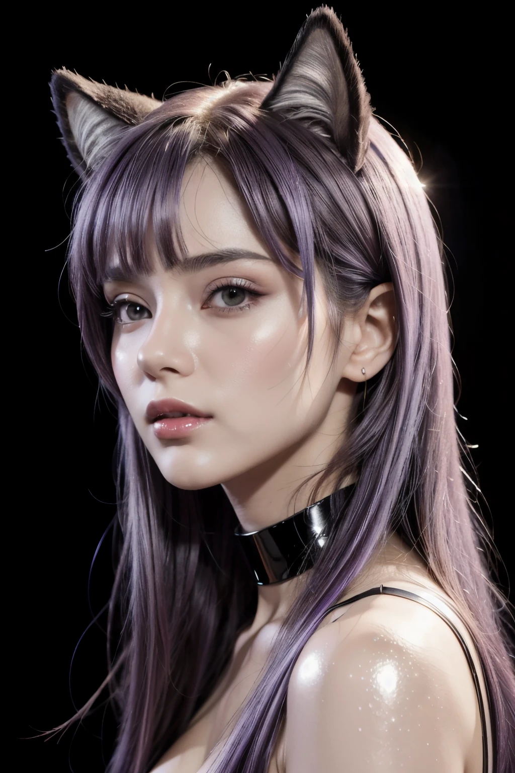 purple haired girl with purple gloves and a purple cat costume, purple cat, she is scared, headshot of young female furry, woman with cat ears, girl with cat ears, beautiful young catgirl, anime cosplay, purple metal ears, cosplay photo, glossy texture, smooth 3d model, multiple light sources, rim light, sharp post effects render, (glossy plastic texture with multiple big light probe refractions), perfect cgi, smooth silhouette, high intensity refraction, (super glossy material), most beautiful vfx, blue background, plastic refractions, realistic, 4k, high resolution, rim light, photo shoot, commercial photo, profile shot, 4k, rim light, high resolution, 4k, glossy texture, smooth 3d model, multiple light sources, rim light, sharp post effects render, (glossy metallic texture with multiple big light probe refractions), perfect cgi, cgi art created only with gradients, smooth silhouette, high intensity refraction, (super glossy chrome material), most beautiful vfx, blue background, chrome metal refractions, multiple light sources, rim light, sharp post effects render, perfect cgi, digital art, detailed digital art, reflective, best quality, 4k, masterpiece:1.2, ultra-detailed, realistic, vivid colors, dark and moody lighting, The image of the highest quality, ensuring every detail showcased perfectly. It in 4k resolution, allowing viewers to immerse themselves in the richness of the colors and intricate details. The realistic rendering. under the spotlight, reflecting, high-resolution image, realistic rendering, dark background, and rim light photorealistic