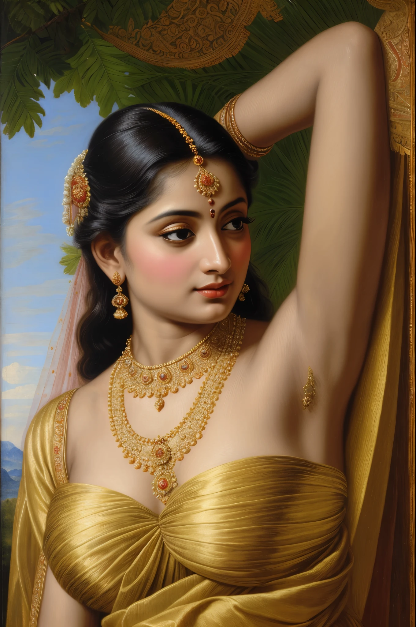 Beautiful Indian Woman, wearing saree, sari Beauty, gorgeous, Apsara, Maharani, royal queen woman, nymph from Hindu Mythology, Urvashi, matchless beauty, Highly detailed, Oil Painting by Peter Paul Rubens inspired by Raja Ravi Varma, Matchless beauty, captivating, gorgeous, heavenly beauty, celestial beauty, by Peter Paul Rubens, 13, realistic, hyper realistic, micro details, incredible artwork, insane details, ultra High resolution, 8k, 32k, acrylic on canvas, intricate, flawless, detailed, detailed face, detailed eyes, masterpiece, by Peter Paul Rubens, by Caravaggio, by William Adolphe bouguereau, perfect face, perfect body, beautiful art, realism, baroque, renaissance Art, highly textured, beautiful and detailed eyes, uhd, best quality,