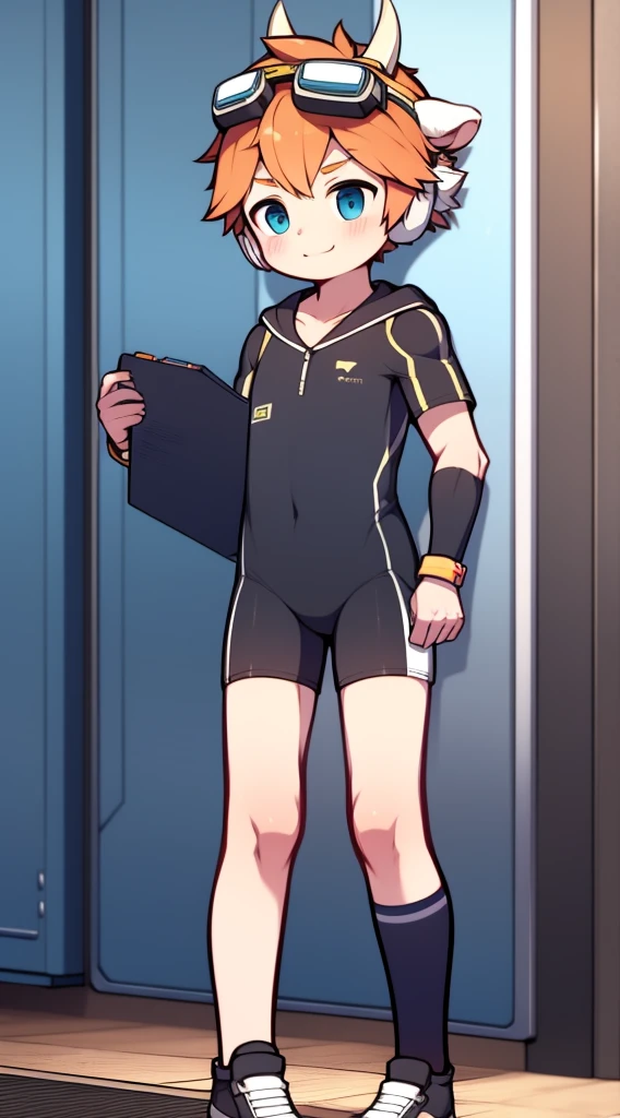 Two-dimensional boy,One-piece mountaineering suit,horn,cow ears,Put the headphones on your head,stand up,goggles,sports shoes,Slim,Smile,Sailor collar,Knee socks,Short sleeve,Leg ring