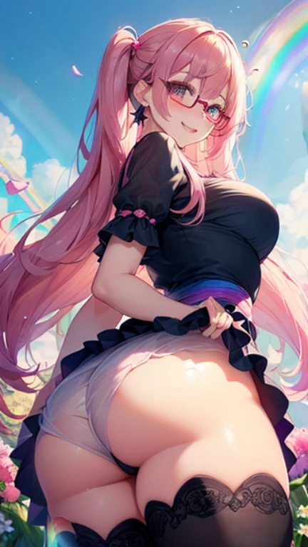 小さなgirl、Glasses、petal、Thick thighs、Big Ass、 (alone:1.5,)Very detailed,Bright colors, Very beautiful detailed anime faces and eyes, Look straight ahead, Shiny_skin,girl,(((long hair、Rainbow Hair, Colorful Hair, Half red、Half pink hair: 1.2)))  、Forehead is exposed.、Shiny hair, Delicate beautiful face, blush、(Turquoise Eyes), White skin, Valletta, Earrings,、blue flower field、(((See-through、Pink frilled dress with star pattern、、Black long skirt)))、Twin tails、smile、smile、Face dyed red、Strong winds