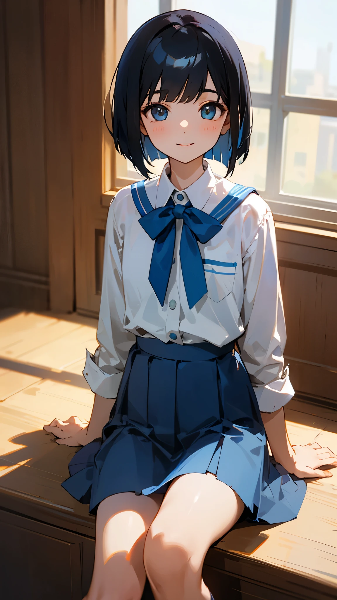 1 Girl、Shiny black hair、Short bob cut、gentle and calm expression、Delicate portrait、Student uniform、Sitting、Cowboy Shot、smile、Blue Skirt、indoor