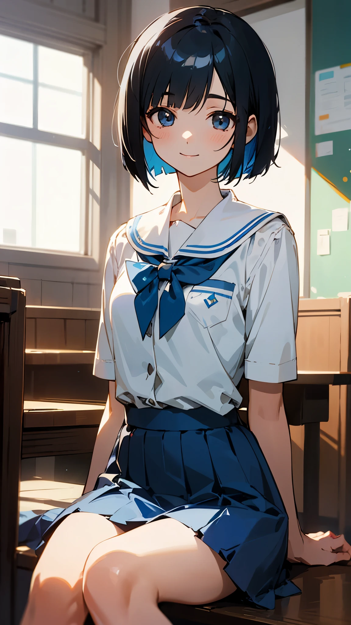 1 Girl、Shiny black hair、Short bob cut、gentle and calm expression、Delicate portrait、Student uniform、Sitting、Cowboy Shot、smile、Blue Skirt、indoor