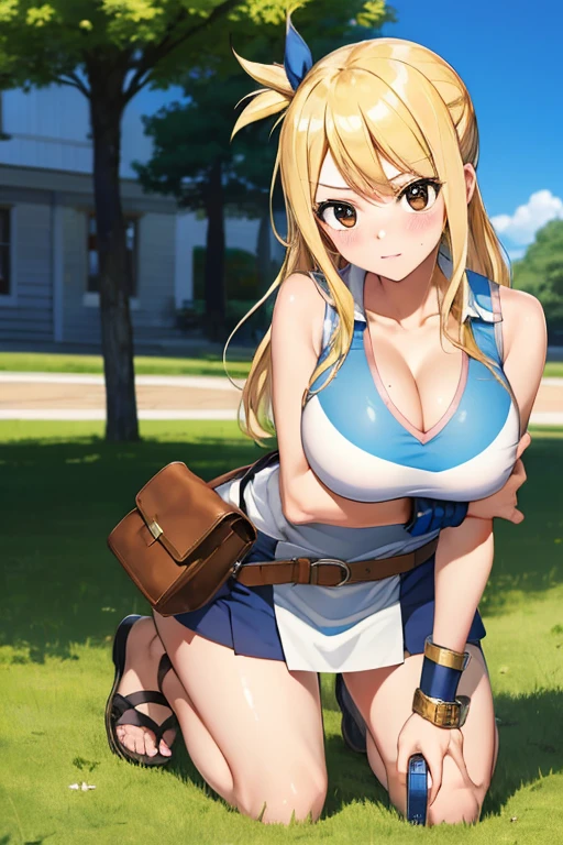 (masterpiece, best quality:1.2), solo, 1girl, lucy heartfilia, blushing, looking at viewer, hand on breast, blue sleeveless shirt, miniskirt, belt pouch, Sandals,((kneeling 1.1))