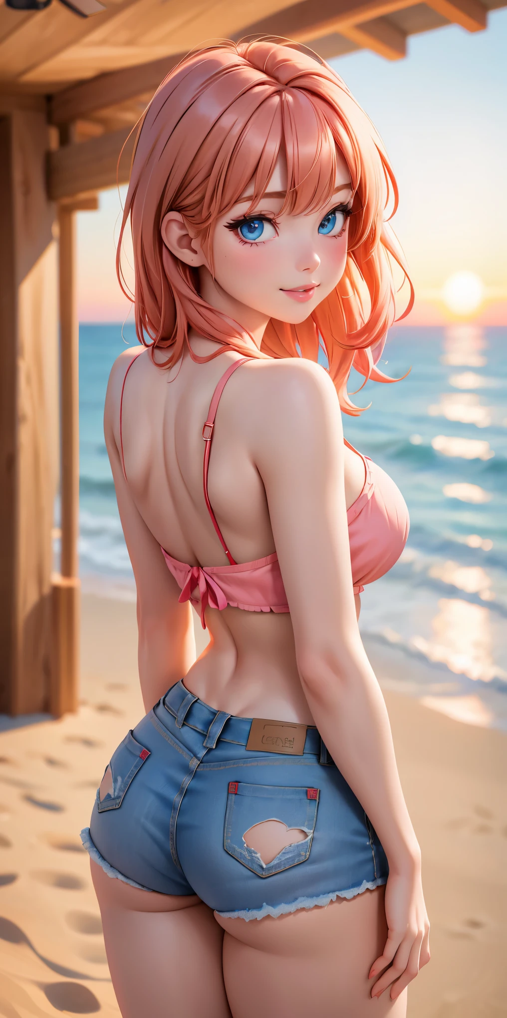 Medium breasts, solo, (Blonde+red hair, messy bangs), blue eyes, sparkle in the eyes, double eyelids, sensual and beautiful body, wide hips and wide waist (Red single-strap blouse, short denim shorts, delicate fabric, cleavage , (Masterpiece, perfect details, 16k, cinematic lighting, high quality image) cute and romantic smile, pink lips, at the beach house, beautiful sunset, sensual pose from behind