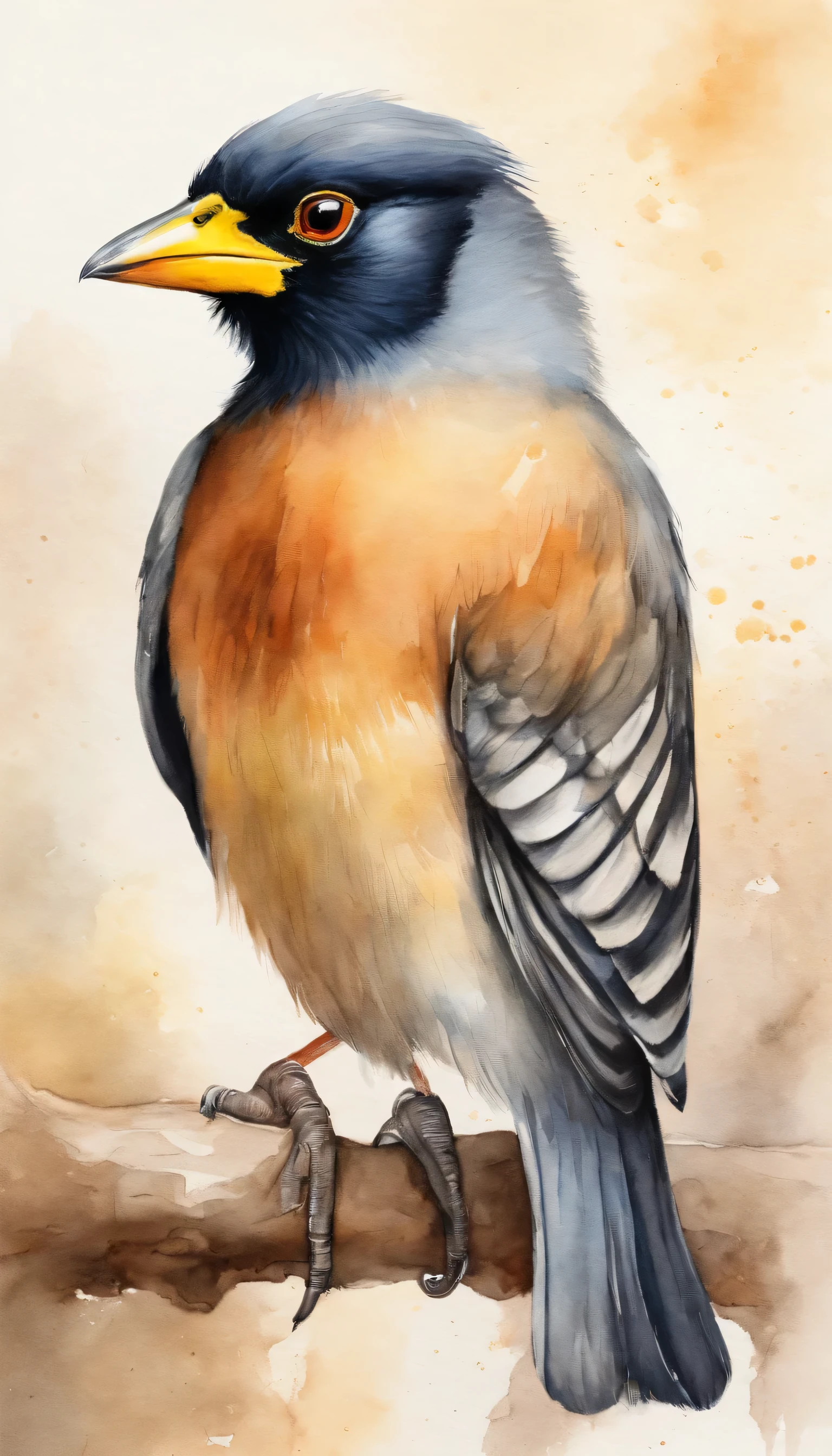 Close up, mynah bird, 4k, pastel colors, cute, white background, high details, professional photography, photorealistic, hand drawn, pastel lines