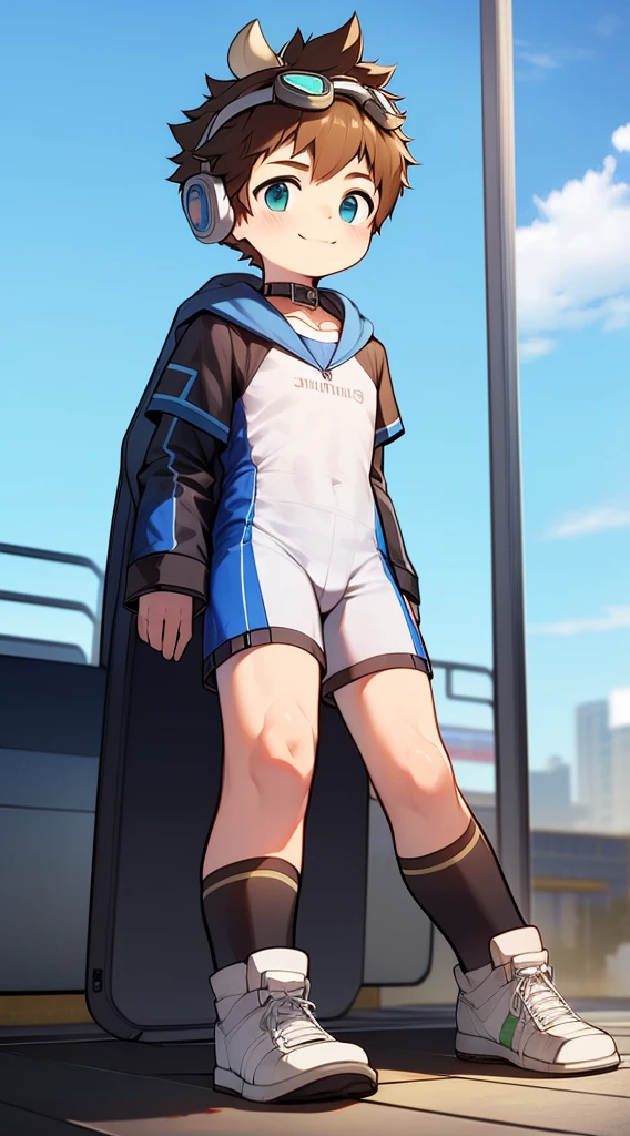 Two-dimensional boy,One-piece mountaineering suit,horn,cow ears,Put the headphones on your head,stand up,goggles,sports shoes,Slim,Smile,Sailor collar,Knee socks,Short sleeve,Leg ring