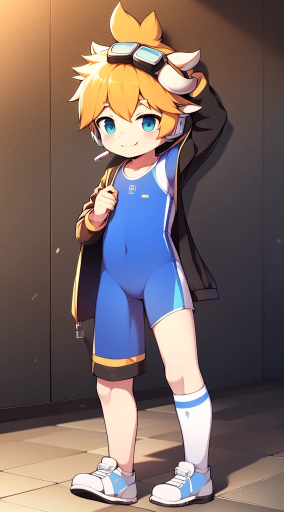 Two-dimensional boy,One-piece mountaineering suit,horn,cow ears,Put the headphones on your head,stand up,goggles,sports shoes,Slim,Smile,Sailor collar,Knee socks,Short sleeve,Leg ring