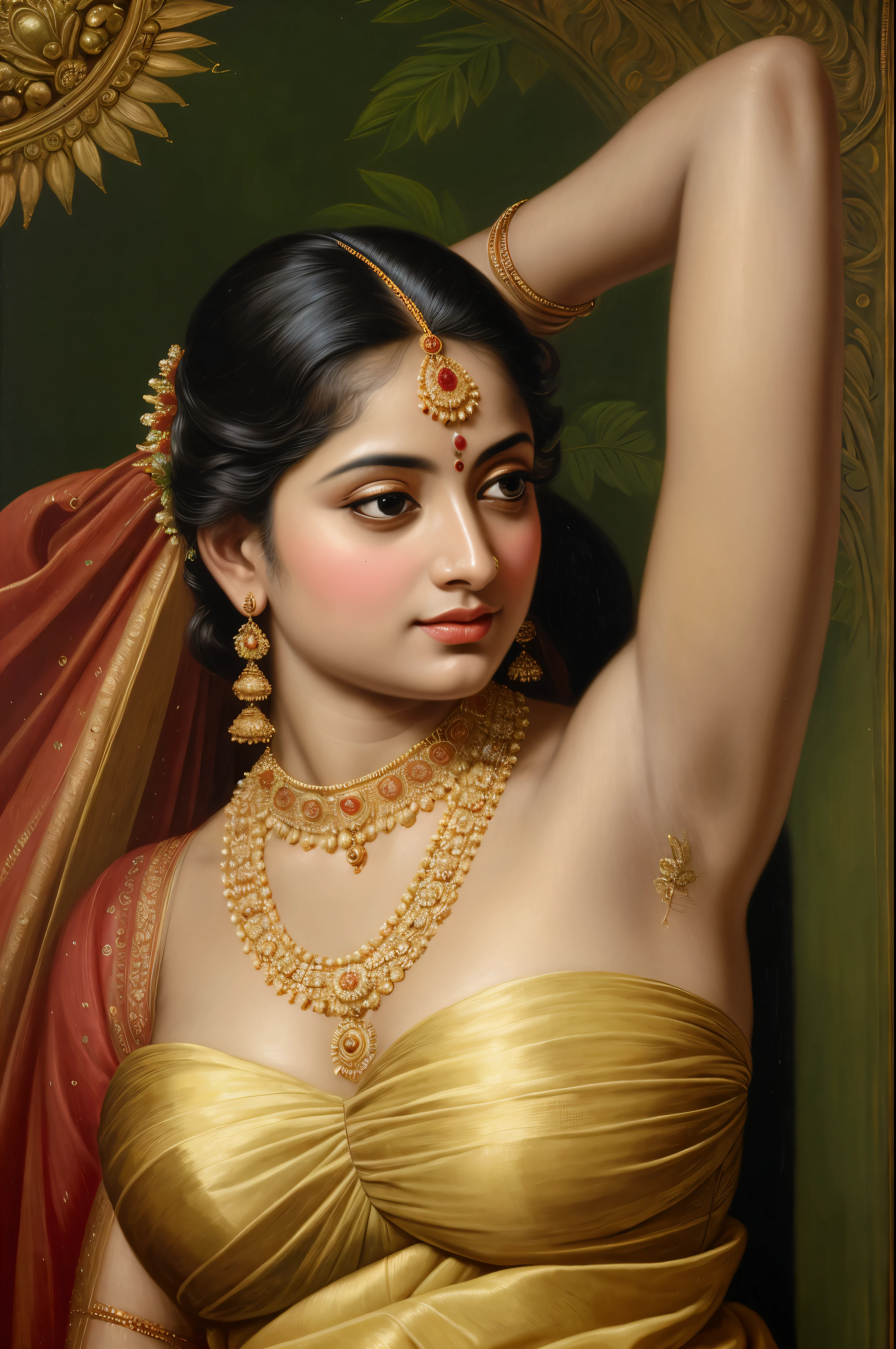 Beautiful Indian Woman, wearing saree, sari Beauty, gorgeous, Apsara, Maharani, royal queen woman, nymph from Hindu Mythology, Urvashi, matchless beauty, Highly detailed, Oil Painting by Peter Paul Rubens inspired by Raja Ravi Varma, Matchless beauty, captivating, gorgeous, heavenly beauty, celestial beauty, by Peter Paul Rubens, 13, realistic, hyper realistic, micro details, incredible artwork, insane details, ultra High resolution, 8k, 32k, acrylic on canvas, intricate, flawless, detailed, detailed face, detailed eyes, masterpiece, by Peter Paul Rubens, by Caravaggio, by William Adolphe bouguereau, perfect face, perfect body, beautiful art, realism, baroque, renaissance Art, highly textured, beautiful and detailed eyes, uhd, best quality,