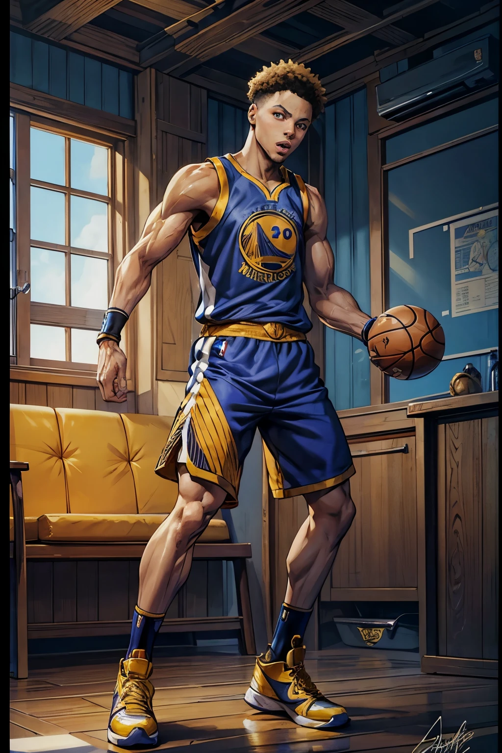 Stephen Curry, NBA player, full body, anime style: Masterpiece, best quality, 4K, anime rendition, Stephen Curry:1.2, NBA star, basketball player, muscular physique, anime character:1.2, Anime Stephen Curry, detailed body, chiseled muscles, dynamic pose:1.2, Detailed facial features, piercing gaze, anime-inspired expression:1.2, Sharp features, hyperrealistic eyes, expressive eyebrows:1.2, Authentic "Golden State Warriors" jersey, Basketball shorts, anime style clothing:1.2, Anime Curry, signature sneakers, fluid movement, 
