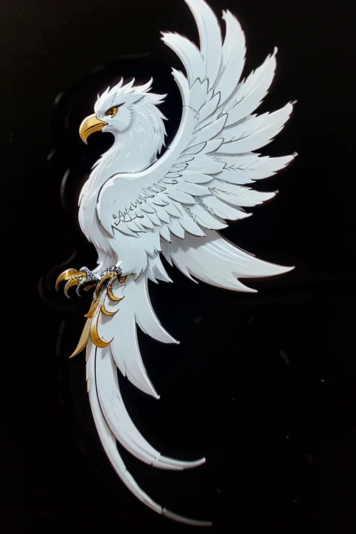 bird white phoenix with black background with tail and face fire crest on a black background little detailed anime style