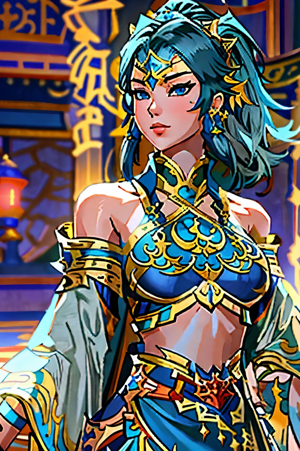 a close up of a short woman in her 30's, with blue eyes and ocean blue hair, wearing a blue and black gown dress, a chinese empress with blue eyes, female swordswoman, chinese princess, standing in a chinese temple, new costume concept design, in the style of blade and soul, full body character concept, detailed character design, inspired by Yang Jin, inspired by Li Mei-Shu, lunar themed attire, costume with gold accents, inspired by Ju Lian, colored concept art, highly detailed character design, highly detailed face, inspired by Ai Xuan, very highly detailed face, unreal engine render, final fantasy 14 style