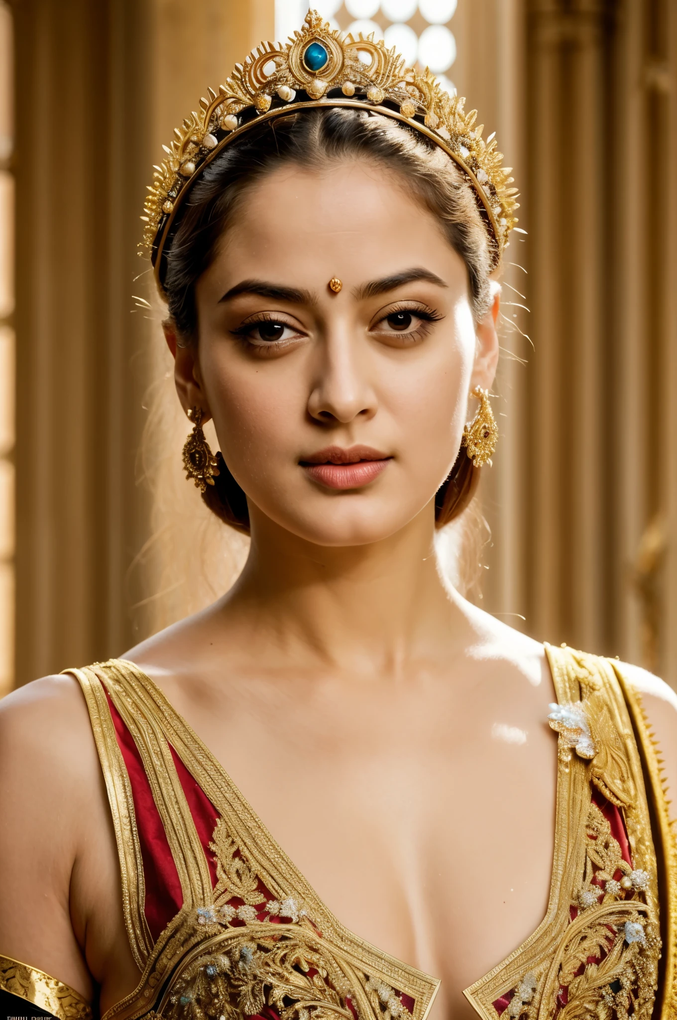 Looks like Sandeepa Dhar, "Design an illustration of a stunning and powerful warrior queen with a regal presence. She should possess a combination of strength and grace. Imagine her in ornate, yet practical armor that complements her figure. The armor should be adorned with intricate details and symbols representing her royal lineage and warrior prowess. Her weapon of choice could be a unique and elegant sword or a mythical weapon that reflects her status as a formidable leader.

Her facial features should exude confidence and determination, with piercing eyes that convey both fierceness and wisdom. The queen's hair, whether long or short, should flow dynamically, hinting at her movement in battle. Consider incorporating elements that emphasize her connection to nature or a mythical realm, such as ethereal backgrounds, symbolic animals, or mystical symbols.

Pay attention to the color palette; use rich, bold colors that enhance her royal aura. Experiment with lighting to highlight specific details and create a sense of drama. Ensure that her posture and expression capture the essence of a queen who commands respect and admiration. Feel free to draw inspiration from historical warrior queens or fictional characters, blending elements to create a unique and captivating image."