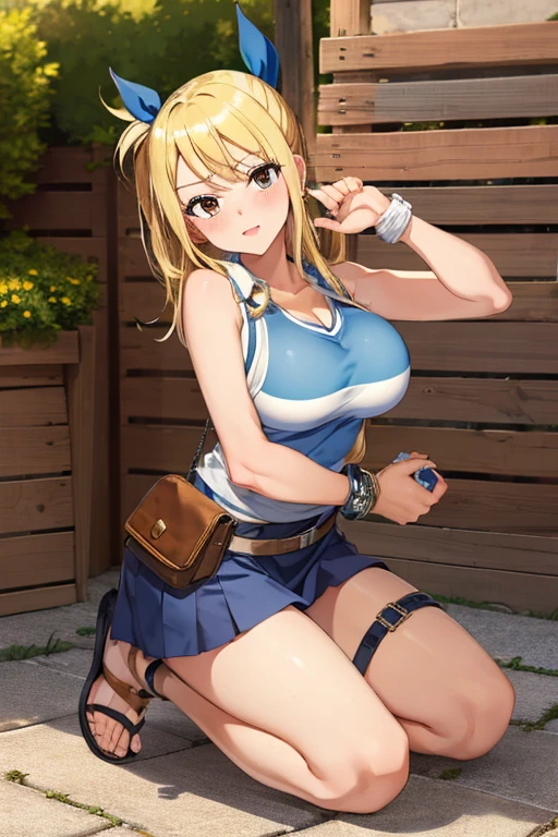 (masterpiece, best quality:1.2), solo, 1girl, lucy heartfilia, blushing, looking at viewer, hand on breast, blue sleeveless shirt, miniskirt, belt pouch, Sandals,((kneeling 1.3))