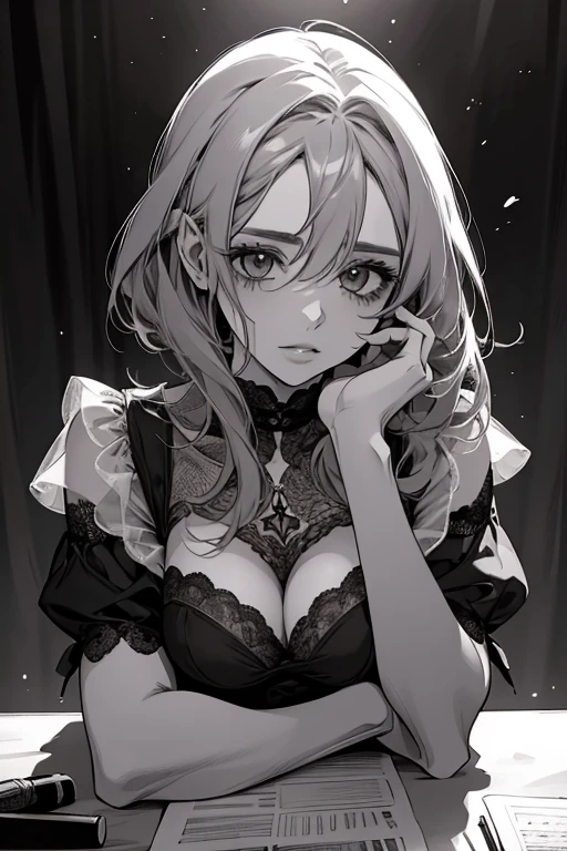 desenho de linha, tirinha, monochrome, lighting, 1 garota em, mesa, melhor qualidade, super detalhe