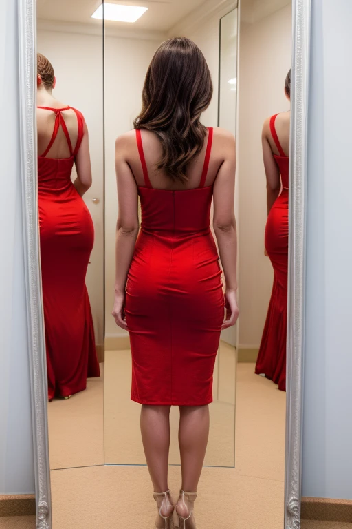 Young woman.  against the background of a mirror in a fitting room. Red dress. lifts up her dress. visible popa. back view