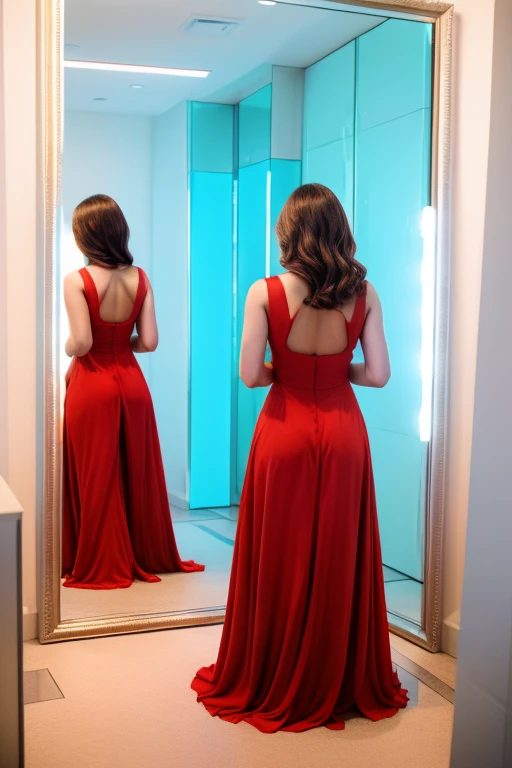 Young woman.  against the background of a mirror in a fitting room. Red dress. lifts up her dress. visible popa. back view